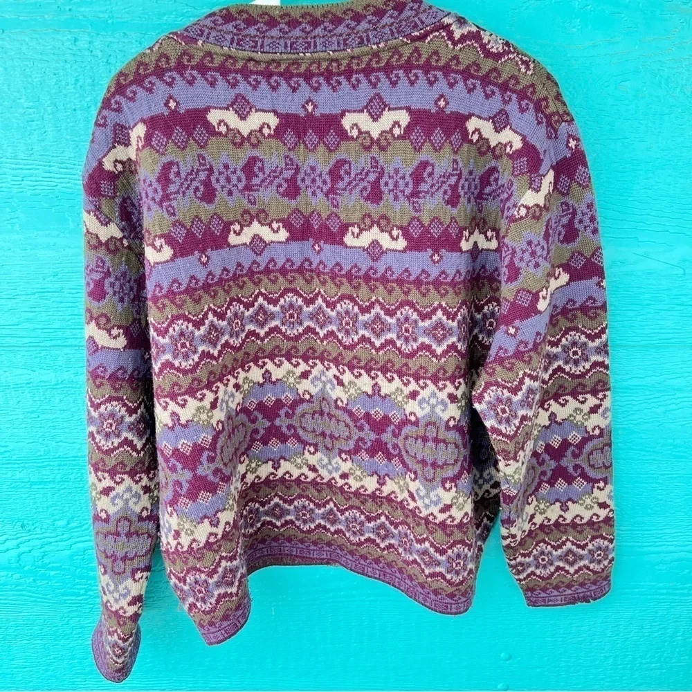 100% MERINO WOOL VINTAGE BUTTON FRONT CARDIGAN PURPLE GREEN SIZE LARGE